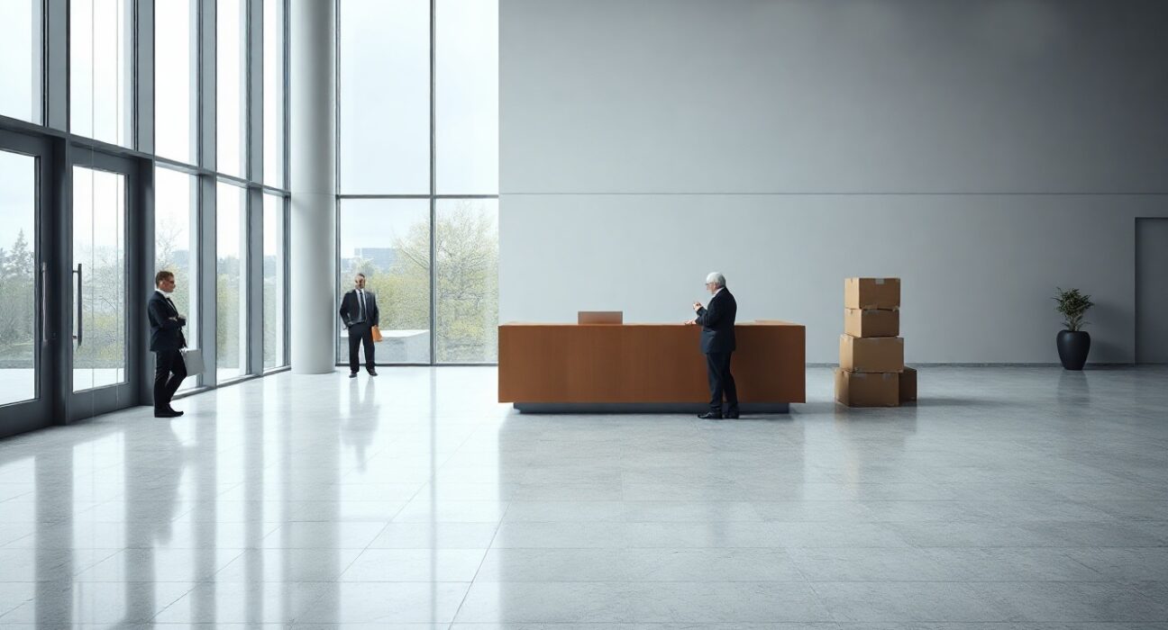 Empty corporate lobby with moving boxes symbolizing Ethereum Foundation staff reductions
