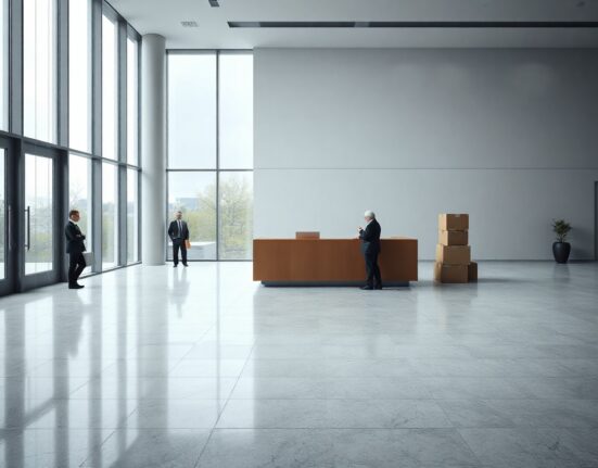 Empty corporate lobby with moving boxes symbolizing Ethereum Foundation staff reductions