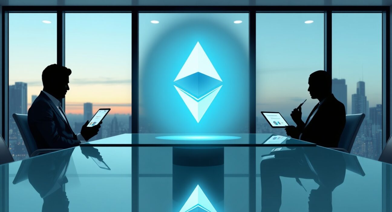 Ethereum Foundation sells 10,000 ETH in OTC deal to BitMNR, with glowing Ethereum logo in boardroom setting