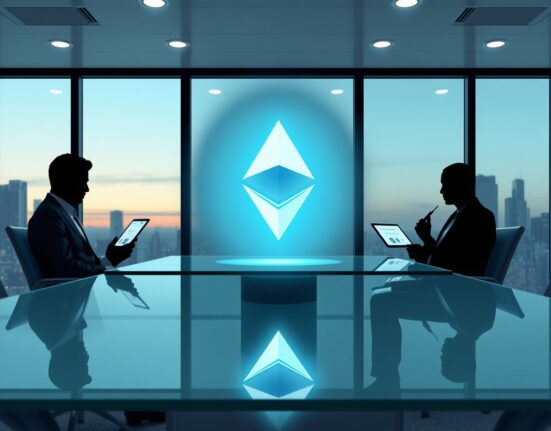 Ethereum Foundation sells 10,000 ETH in OTC deal to BitMNR, with glowing Ethereum logo in boardroom setting