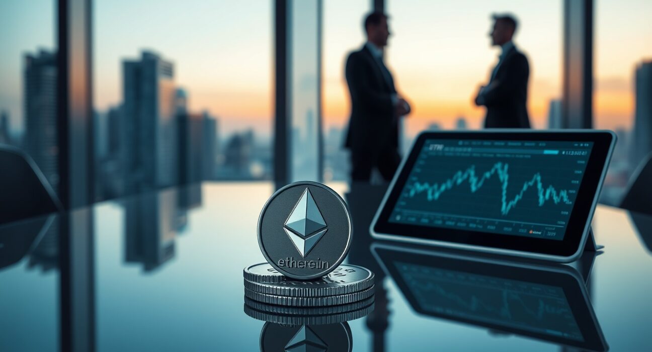 Ethereum Foundation sells 10,000 ETH in OTC deal to BitMNR, showcasing tokens and blockchain data in a boardroom setting.