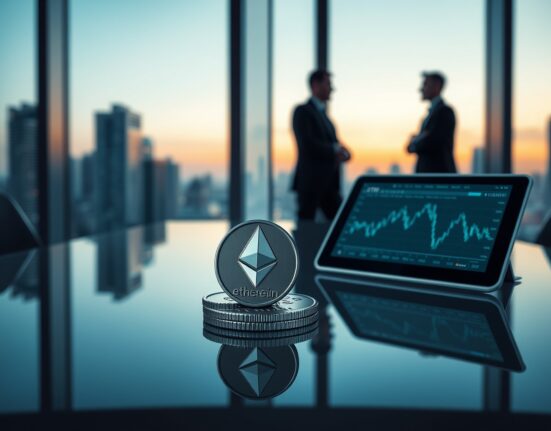 Ethereum Foundation sells 10,000 ETH in OTC deal to BitMNR, showcasing tokens and blockchain data in a boardroom setting.