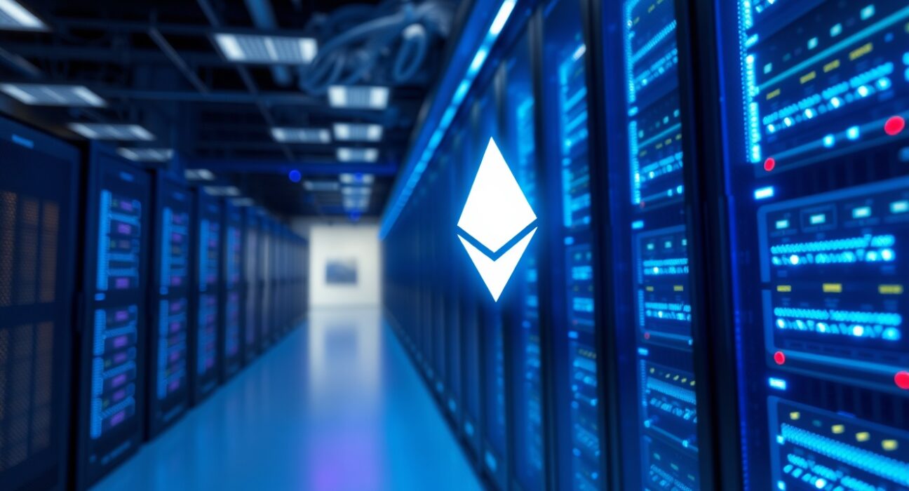 Ethereum logo reflected on a server rack in a modern data center, representing blockchain staking infrastructure.