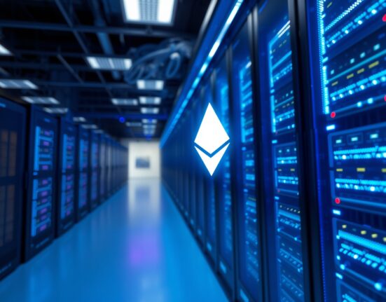 Ethereum logo reflected on a server rack in a modern data center, representing blockchain staking infrastructure.