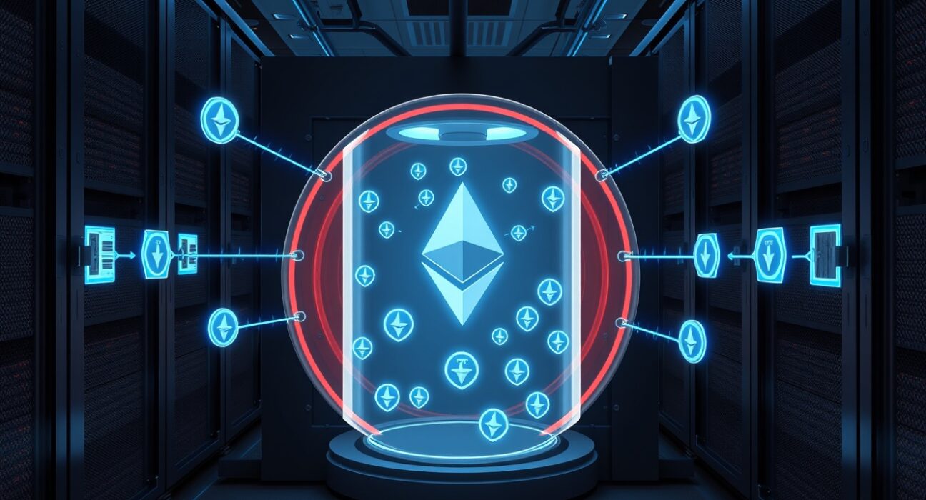 Ethereum Foundation staking strategy visualized as secure digital asset flow into validation