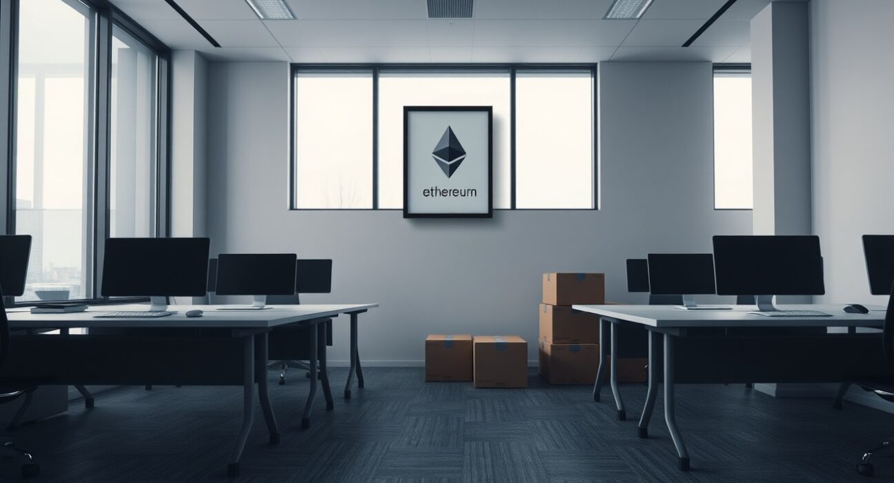 Empty office desks with moving boxes under cool lighting, symbolizing talent departure from the Ethereum Foundation.