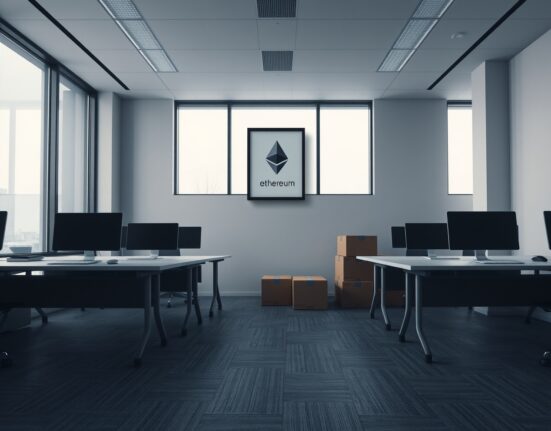 Empty office desks with moving boxes under cool lighting, symbolizing talent departure from the Ethereum Foundation.