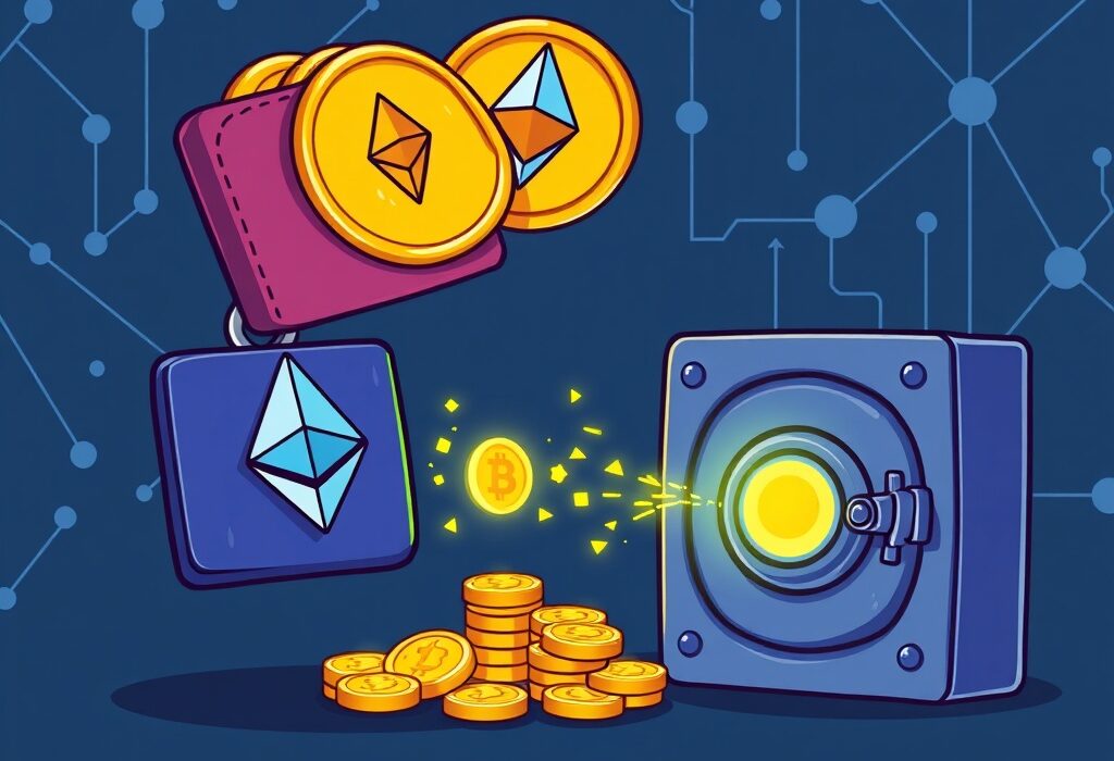 A cartoon illustration showing an Ethereum Foundation transfer of ETH into an anonymous wallet, symbolizing blockchain movements and the transparent yet private nature of crypto.