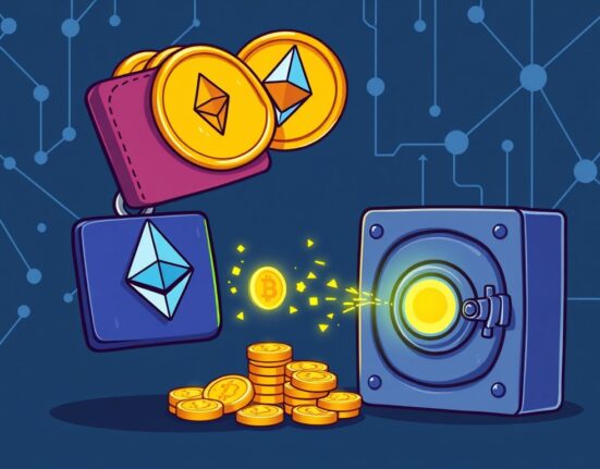 A cartoon illustration showing an Ethereum Foundation transfer of ETH into an anonymous wallet, symbolizing blockchain movements and the transparent yet private nature of crypto.