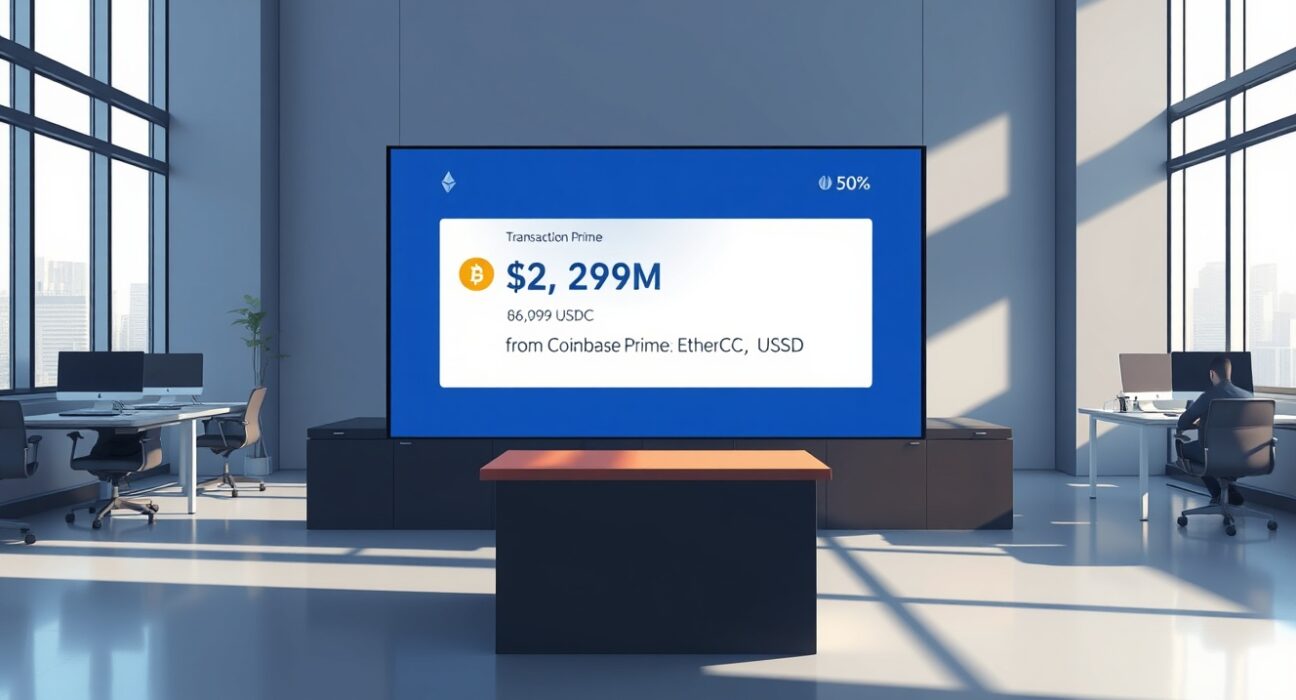 Ethereum Foundation receives 22.92M USDC from Coinbase Prime, displayed on a transaction screen in a professional office.