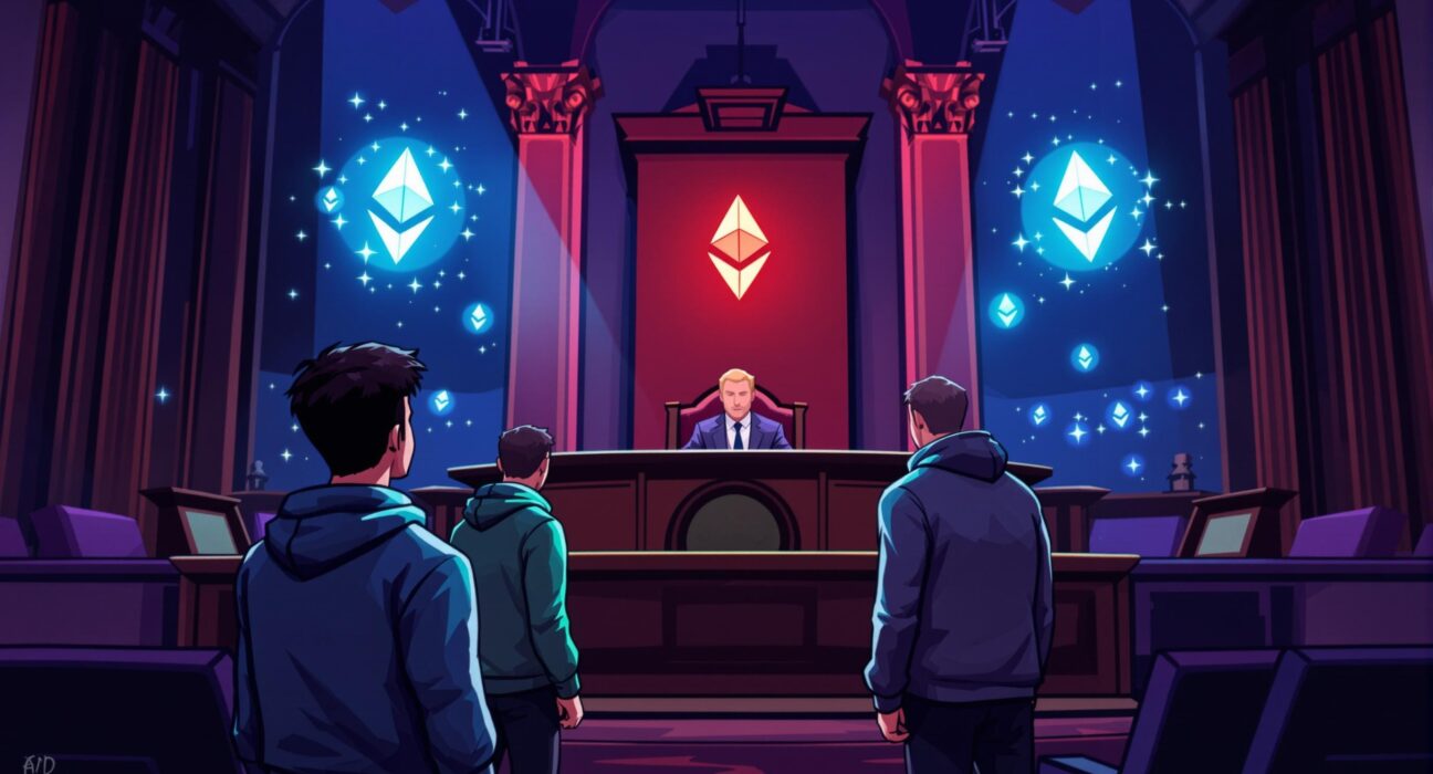 A cartoon illustration of a courtroom scene with two defendants and a judge, representing the ongoing legal proceedings in the $25M Ethereum fraud case.