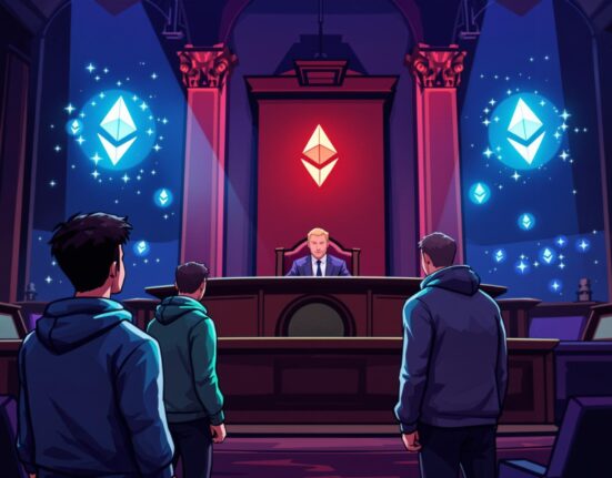 A cartoon illustration of a courtroom scene with two defendants and a judge, representing the ongoing legal proceedings in the $25M Ethereum fraud case.
