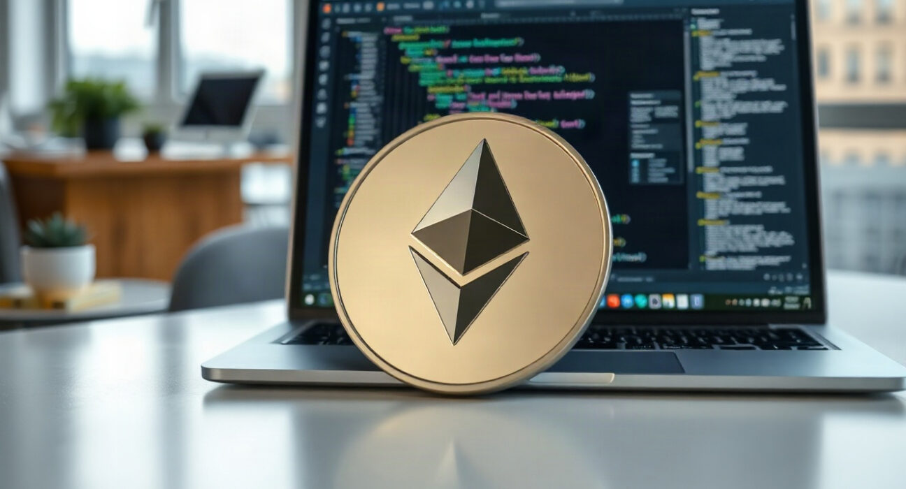 Ethereum coin and laptop with code editor, symbolizing the Fusaka upgrade's impact on gas rules.