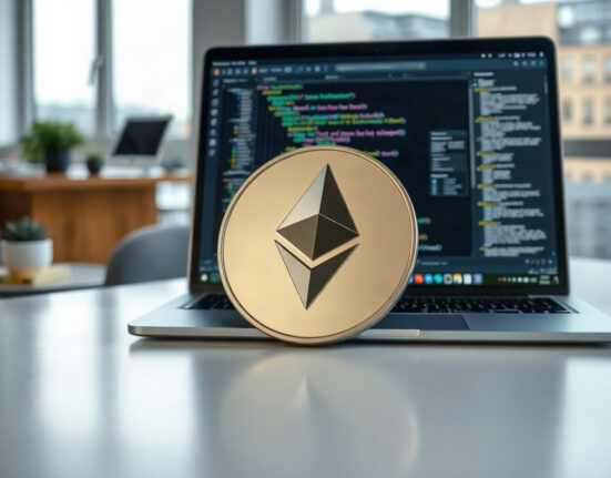 Ethereum coin and laptop with code editor, symbolizing the Fusaka upgrade's impact on gas rules.
