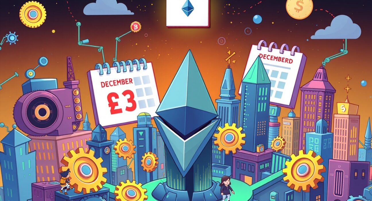 A cartoon illustration symbolizing the anticipation and technical progress of the Ethereum Fusaka upgrade, highlighting its December 3rd schedule.