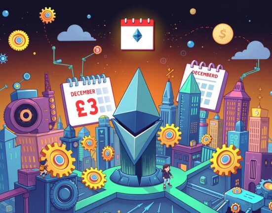 A cartoon illustration symbolizing the anticipation and technical progress of the Ethereum Fusaka upgrade, highlighting its December 3rd schedule.