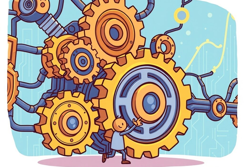 A cartoon illustration showing the challenges of an Ethereum upgrade, conveying the complexities of blockchain development.