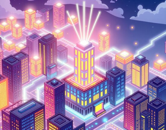 A vibrant cartoon of the Ethereum Fusaka upgrade energizing the blockchain network.