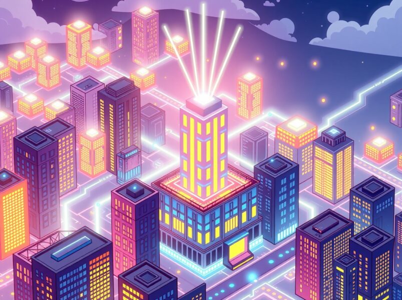 A vibrant cartoon of the Ethereum Fusaka upgrade energizing the blockchain network.