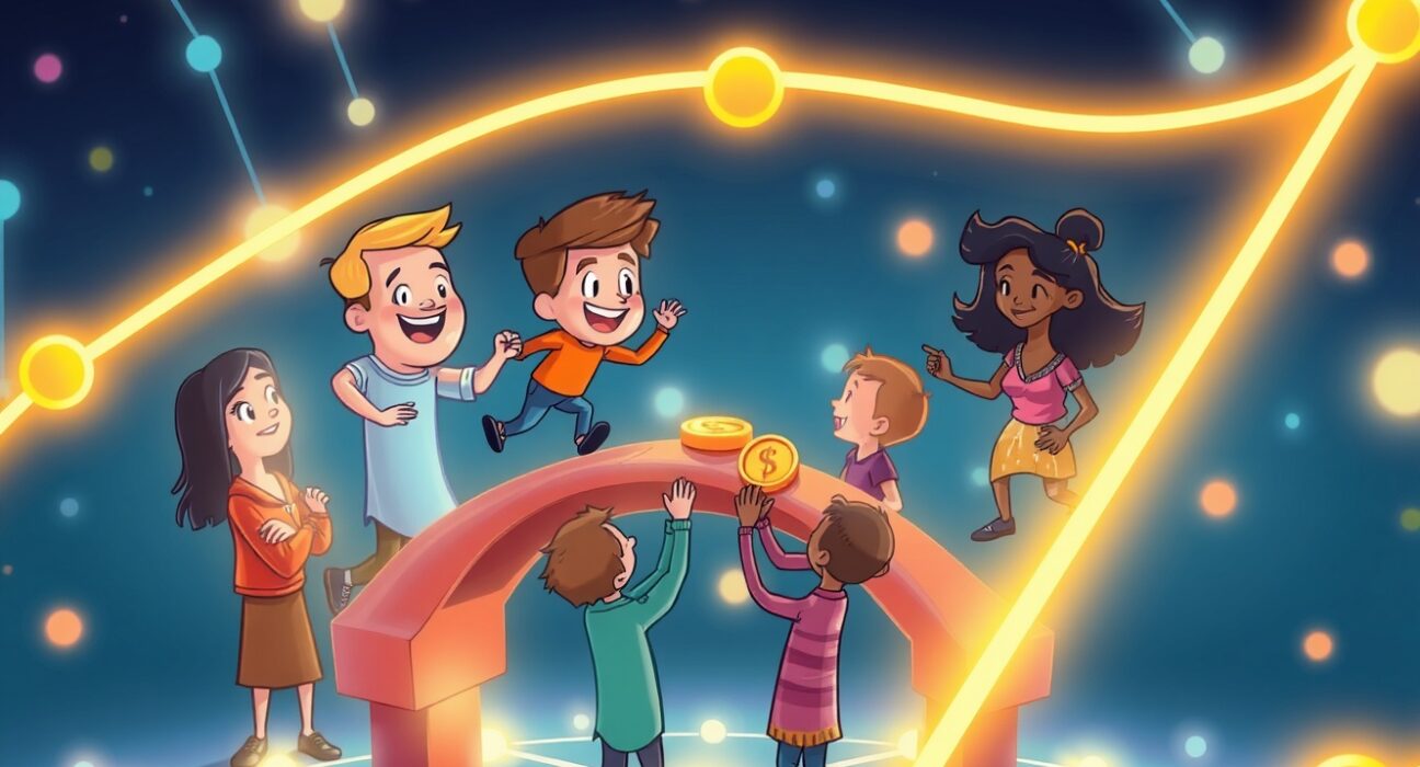 Vibrant cartoon illustrating the Ethereum Fusaka upgrade empowering a connected Web3 social community on the UXLINK platform.