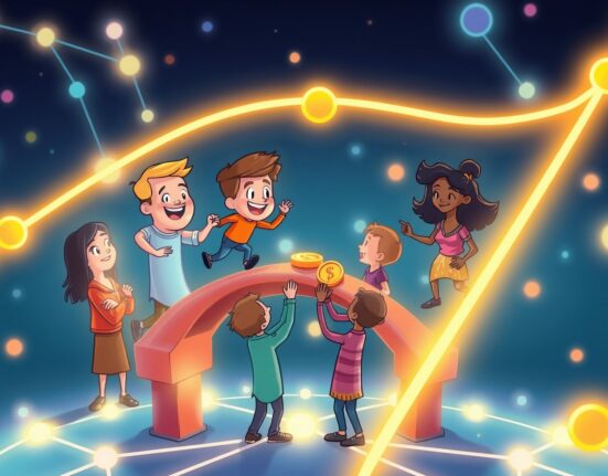 Vibrant cartoon illustrating the Ethereum Fusaka upgrade empowering a connected Web3 social community on the UXLINK platform.