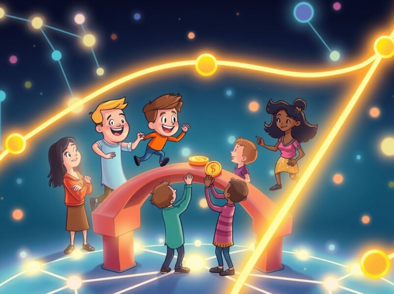 Vibrant cartoon illustrating the Ethereum Fusaka upgrade empowering a connected Web3 social community on the UXLINK platform.