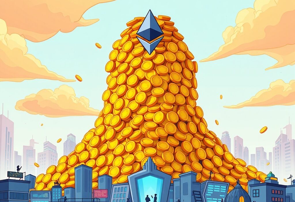 A cartoon illustration depicting a massive surge in digital assets, symbolizing the record Ethereum futures OI and its potential impact on ETH price volatility.