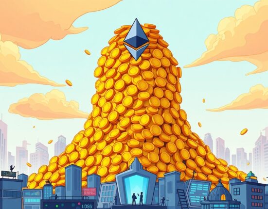 A cartoon illustration depicting a massive surge in digital assets, symbolizing the record Ethereum futures OI and its potential impact on ETH price volatility.