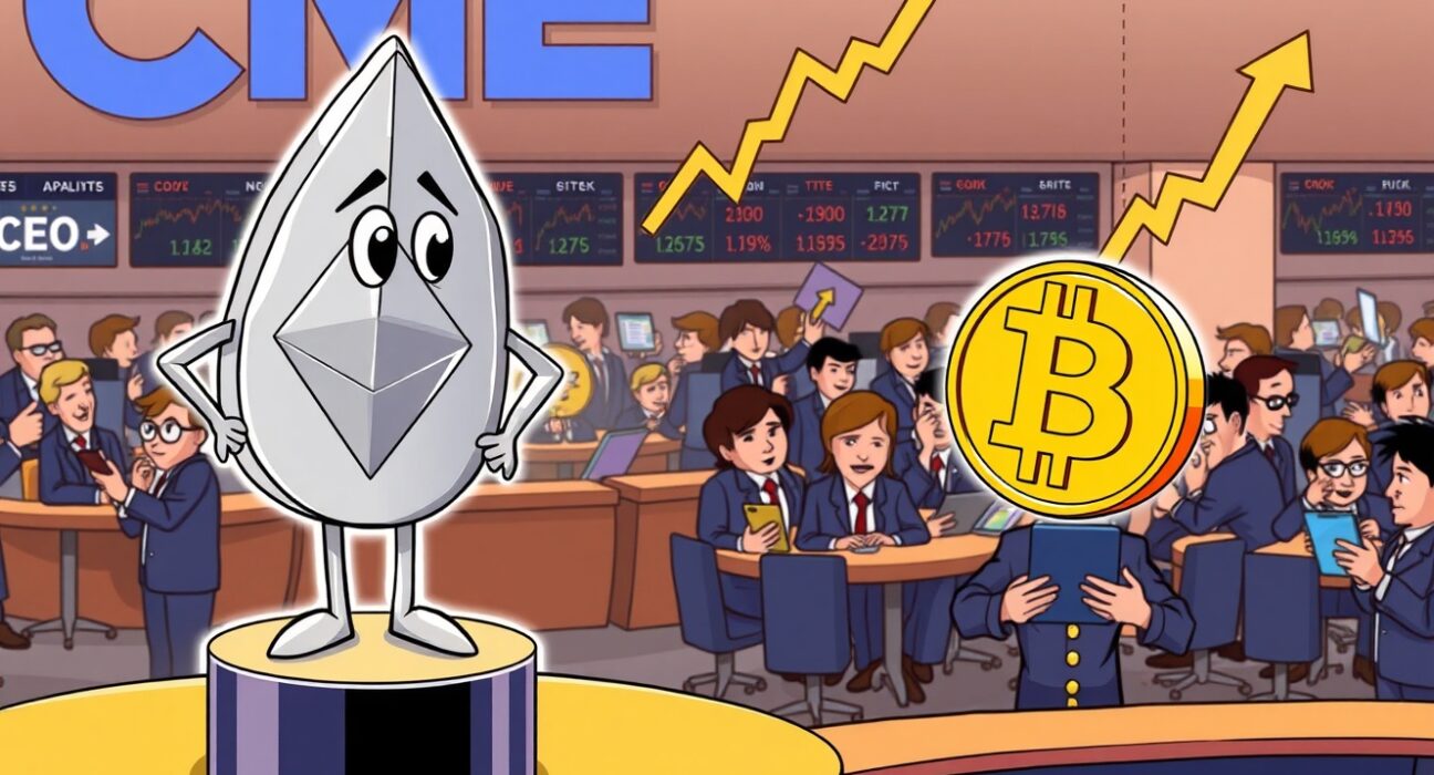 Cartoon of Ethereum surpassing Bitcoin in futures trading volume on the CME exchange floor.