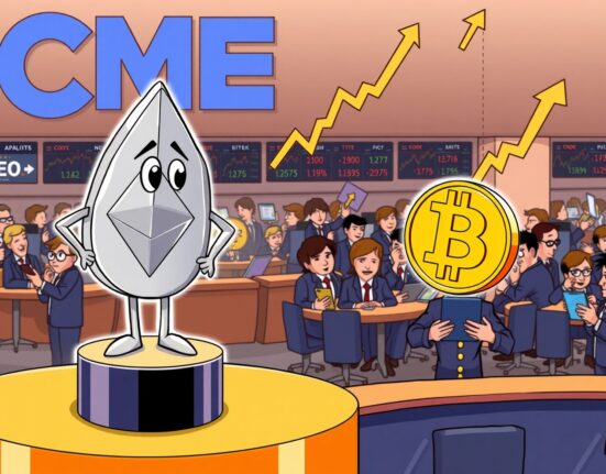 Cartoon of Ethereum surpassing Bitcoin in futures trading volume on the CME exchange floor.