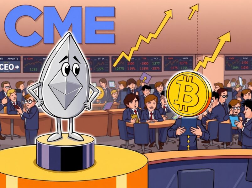 Cartoon of Ethereum surpassing Bitcoin in futures trading volume on the CME exchange floor.