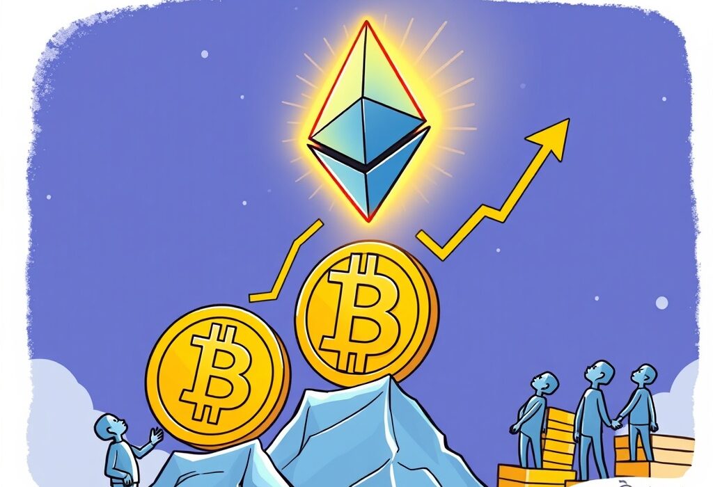 A cartoon illustration showing Ethereum gains surpassing Bitcoin, symbolizing strong institutional demand and market outperformance.