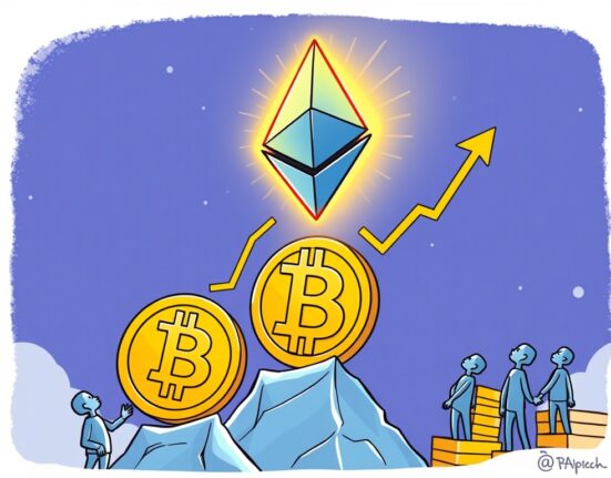 A cartoon illustration showing Ethereum gains surpassing Bitcoin, symbolizing strong institutional demand and market outperformance.