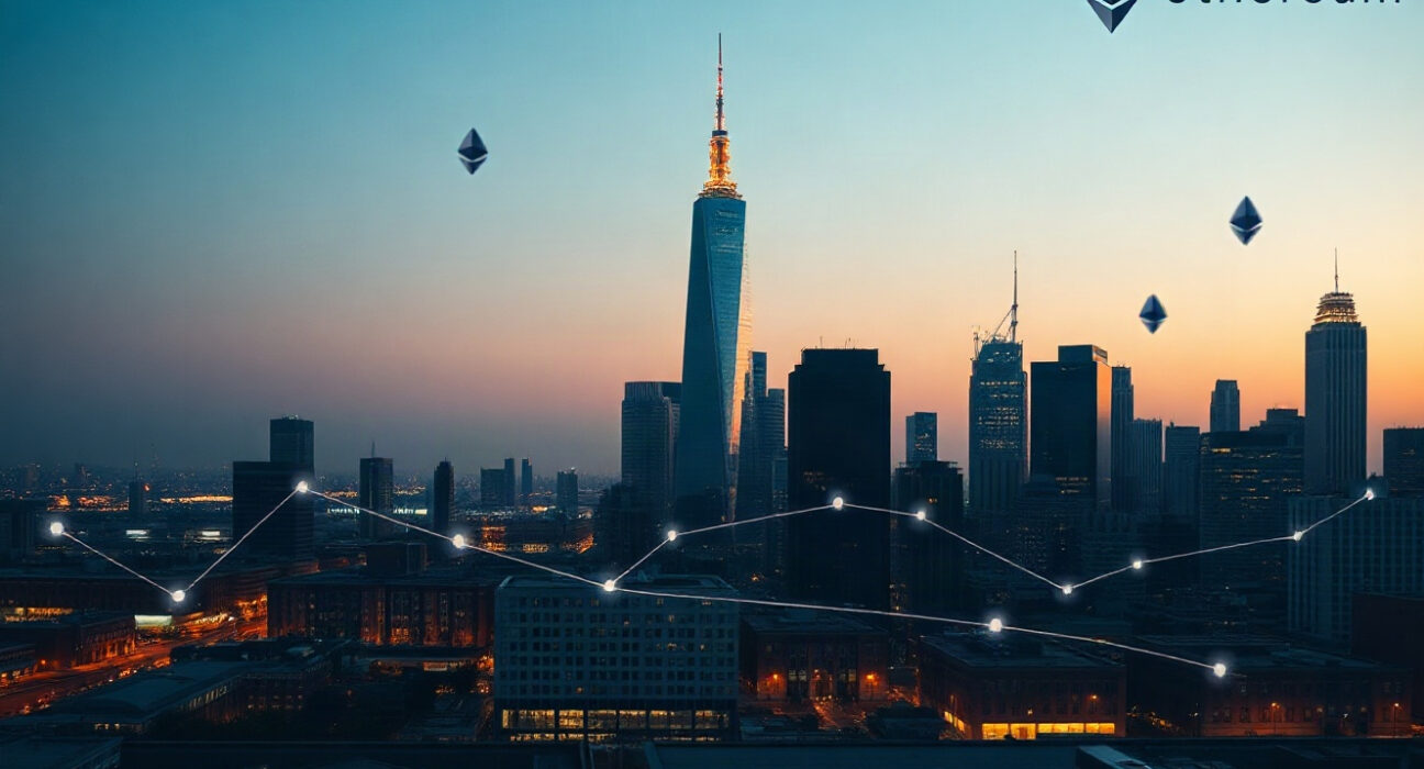 Ethereum network upgrade represented by a city skyline with digital blockchain nodes at dusk