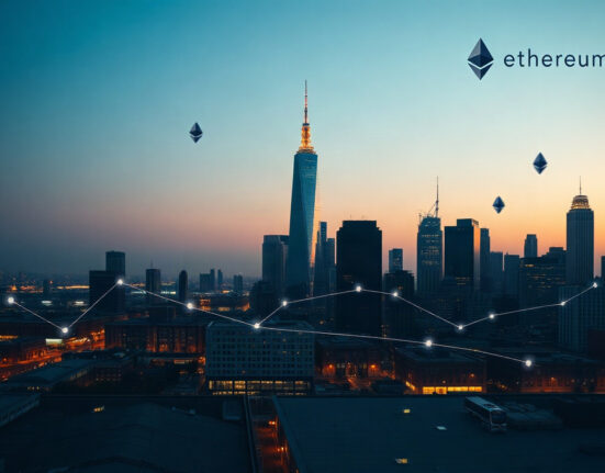Ethereum network upgrade represented by a city skyline with digital blockchain nodes at dusk
