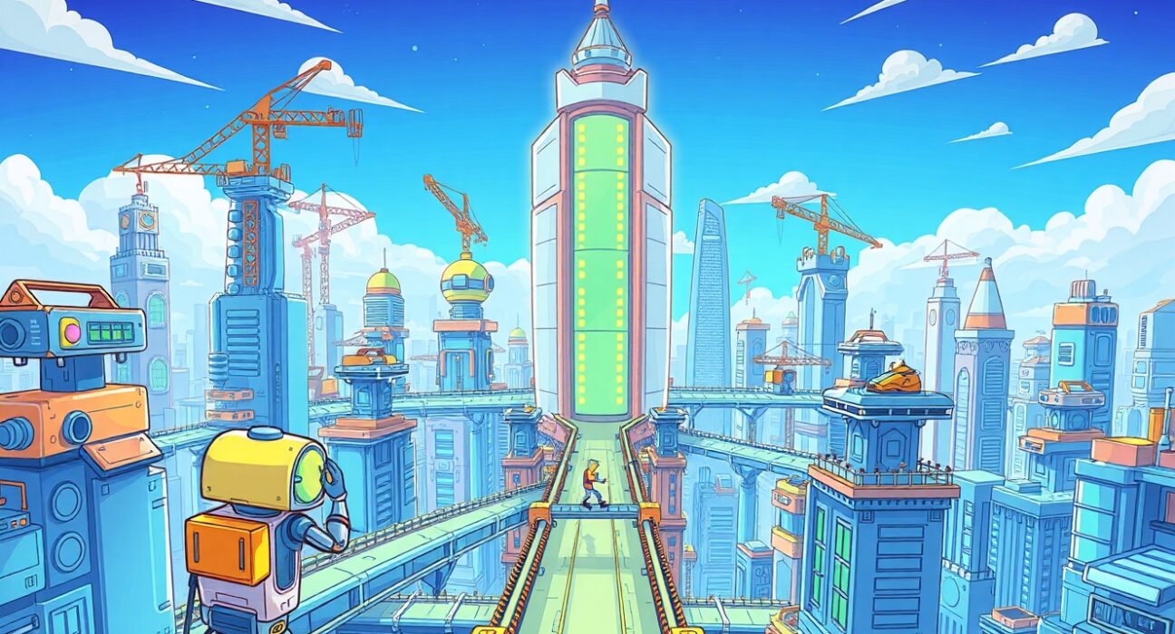 Cartoon illustration of the Glamsterdam upgrade building a transparent, decentralized Ethereum city.