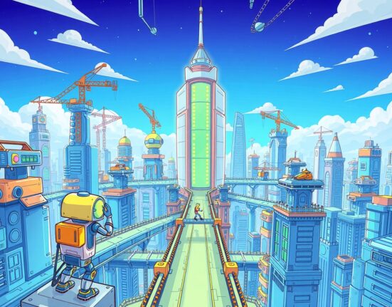 Cartoon illustration of the Glamsterdam upgrade building a transparent, decentralized Ethereum city.