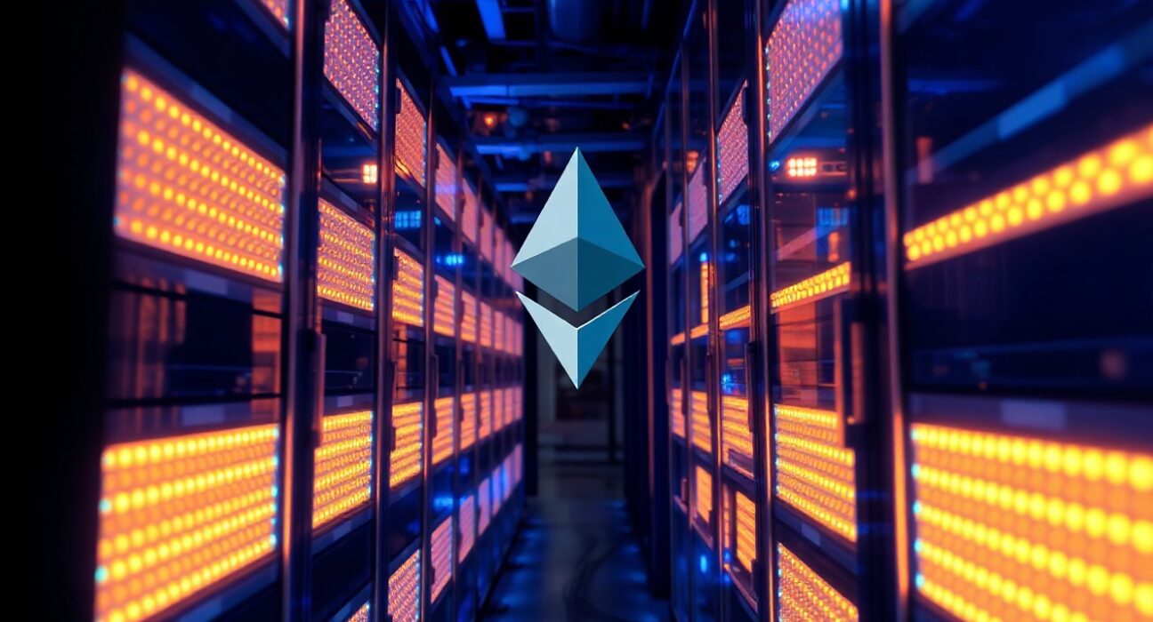 Ethereum blockchain upgrade development server room with glowing blue and orange lights