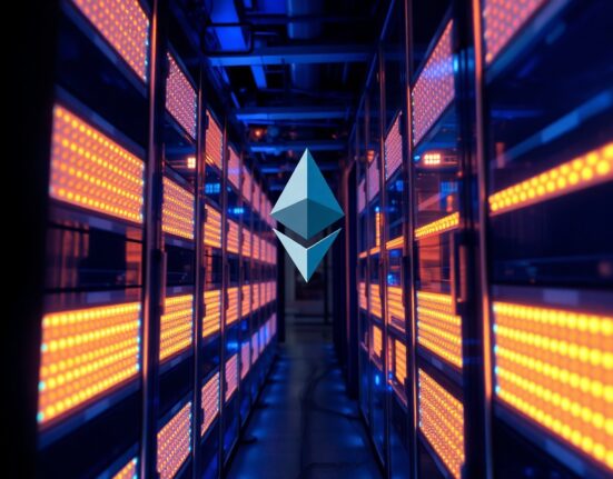 Ethereum blockchain upgrade development server room with glowing blue and orange lights