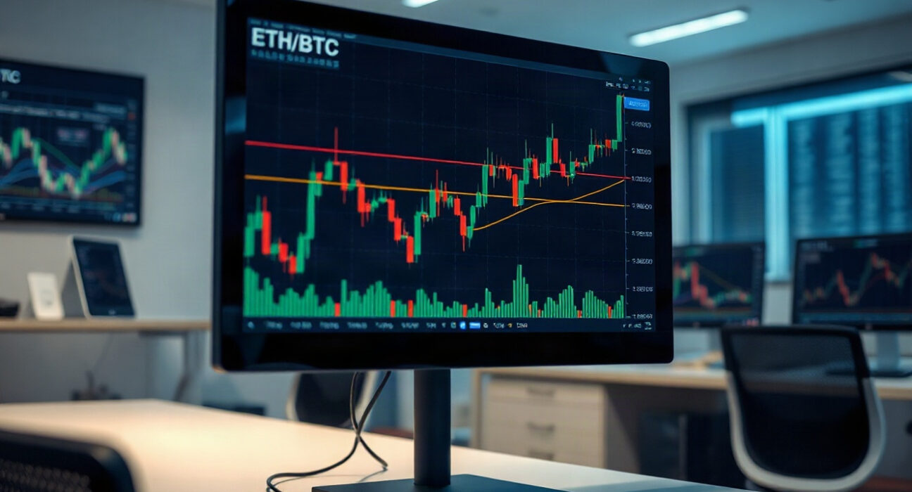 ETH/BTC trading chart with golden cross indicator on a monitor in a modern office
