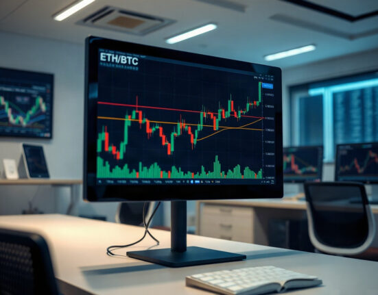 ETH/BTC trading chart with golden cross indicator on a monitor in a modern office