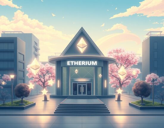 Ethereum growth driven by neobanks and institutional investment in a futuristic financial landscape.