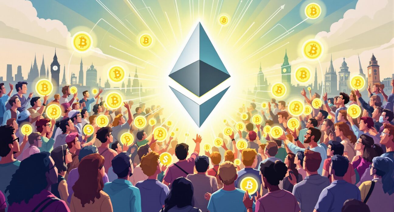 A vibrant cartoon illustrating global stablecoin adoption fueling Ethereum growth, with diverse users connecting to the ETH network.