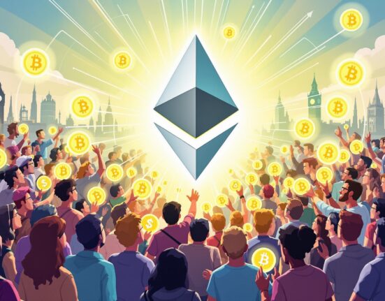 A vibrant cartoon illustrating global stablecoin adoption fueling Ethereum growth, with diverse users connecting to the ETH network.