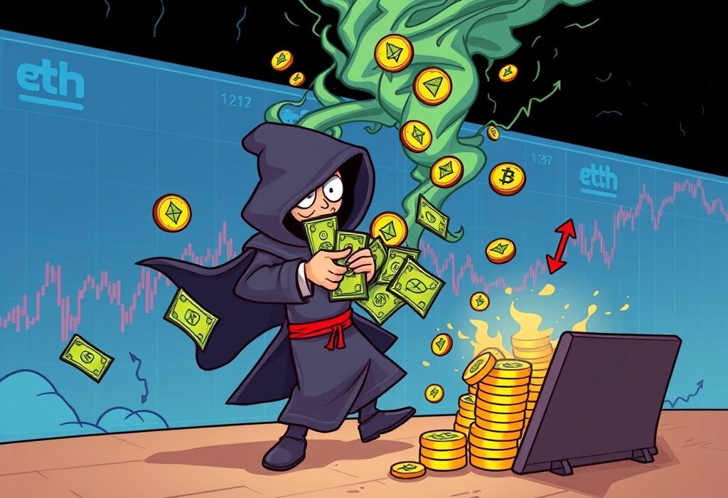 A cartoon illustration showing an Ethereum hacker quickly selling ETH through a mixing service, highlighting crypto security risks.
