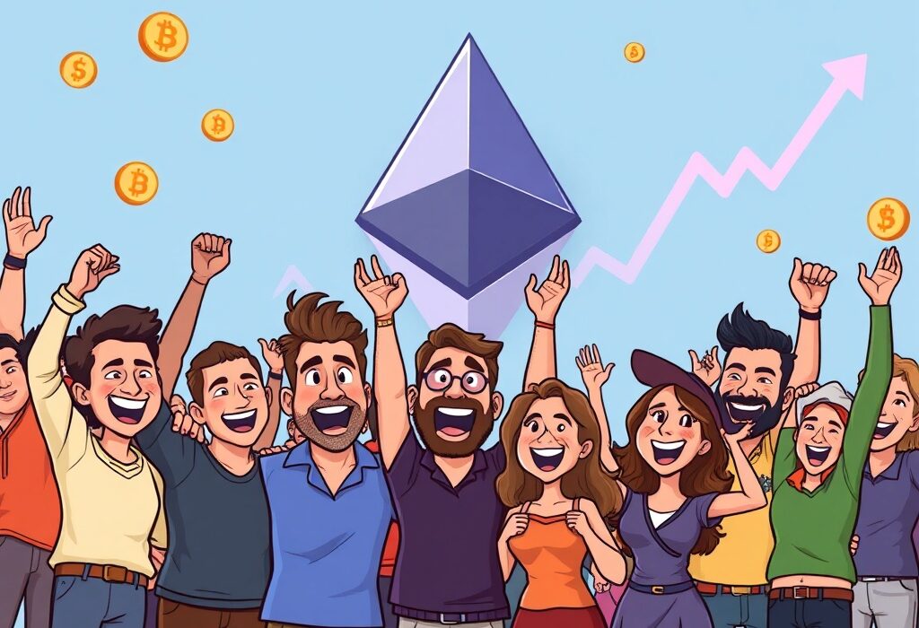 A vibrant cartoon illustration of joyful Ethereum holders celebrating their significant profits, highlighting the strength of ETH investment.