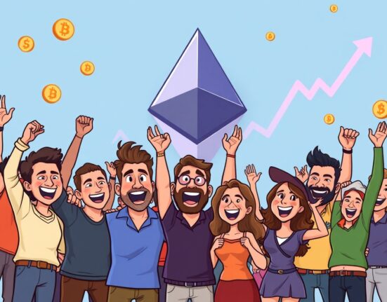 A vibrant cartoon illustration of joyful Ethereum holders celebrating their significant profits, highlighting the strength of ETH investment.