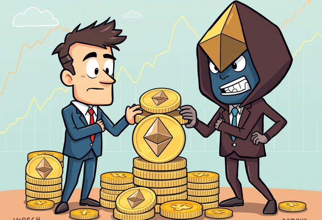 A cartoon illustration showing strategic Ethereum holdings by companies, indicating smart investment decisions.