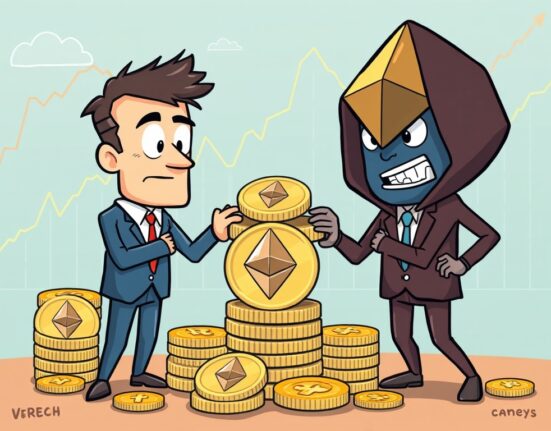 A cartoon illustration showing strategic Ethereum holdings by companies, indicating smart investment decisions.