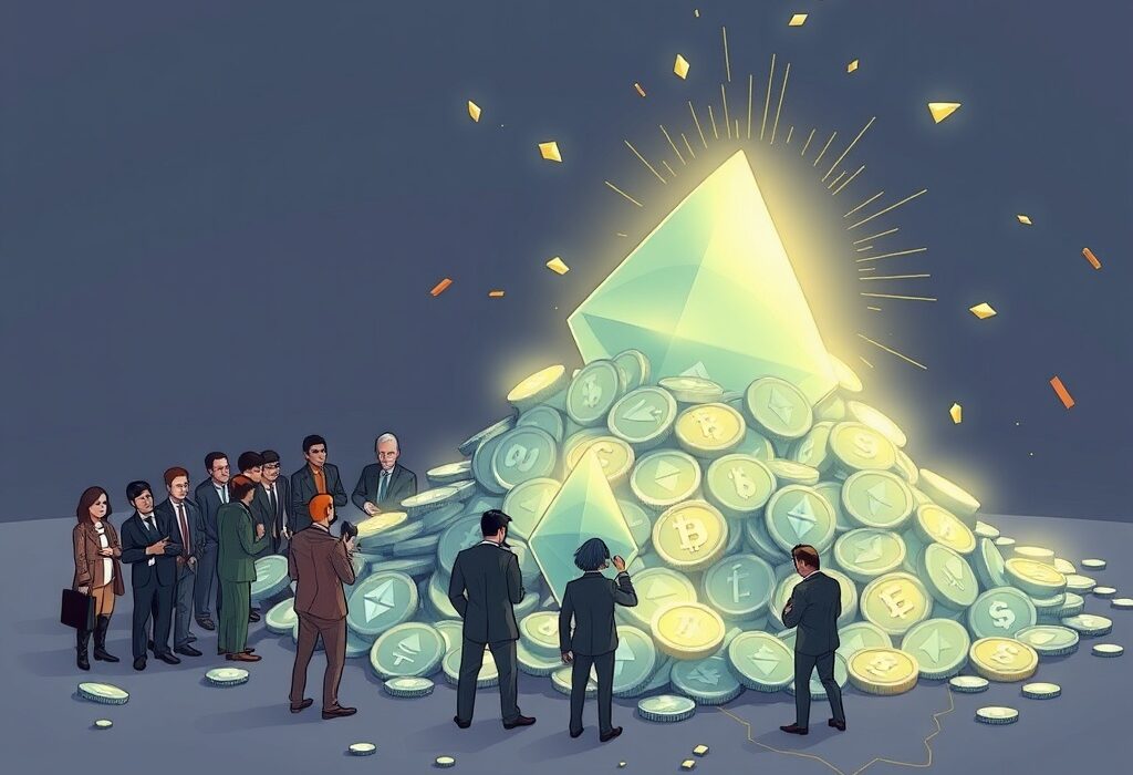A cartoon illustration showing significant Ethereum holdings being accumulated by corporate treasuries and investment funds, highlighting institutional interest.